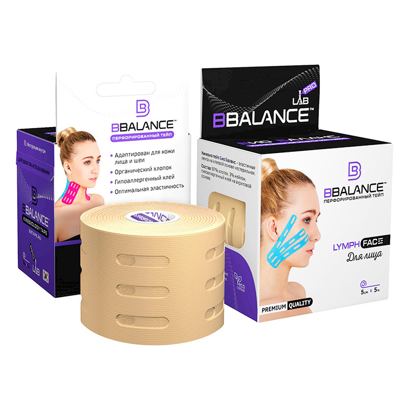 Кинезио тейп Bio Balance Tape Lymph Face для лица перфорированный 10см х 5м бежевый.